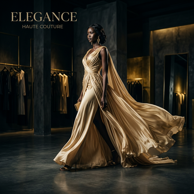 Haute couture model in gold gown